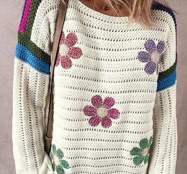 White Daisy Flower Pointelle Knit Sweater