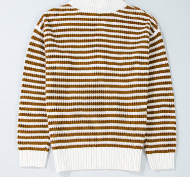 Khaki Stripe Zip up Collar Drop Shoulder Sweater