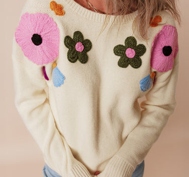 Beige Knitted Flower Pattern Ribbed Edge Sweater I