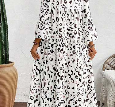 White Leopard Print Notch V Neck Loose Fit Maxi Dress