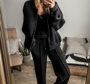 Black Solid Seamed Zipper Jacket and Drawstring Waist Pants Set