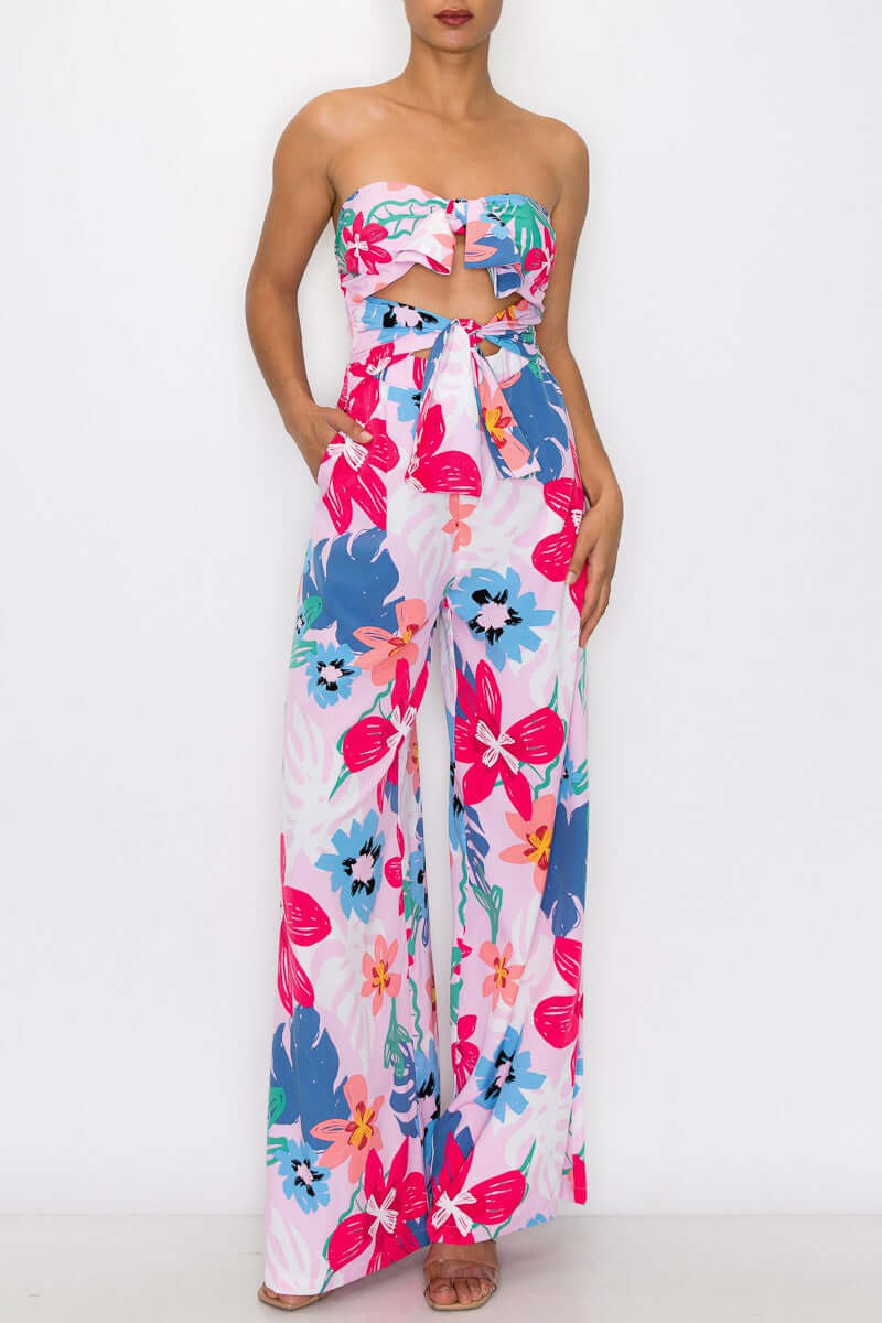 Flower print strapless heart neck front tie Jumpsuit