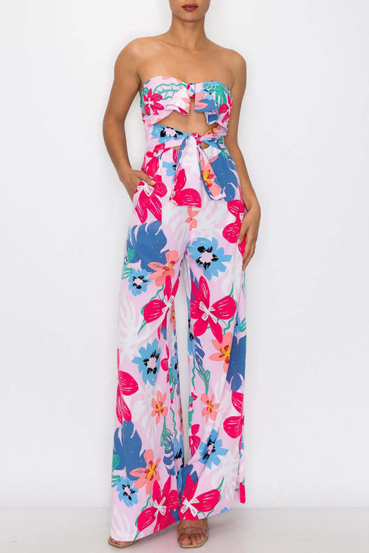 Flower print strapless heart neck front tie Jumpsuit