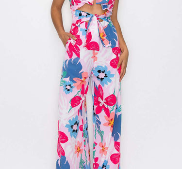 Flower print strapless heart neck front tie Jumpsuit