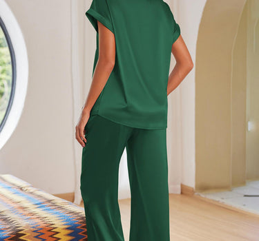 Dark Green Guipure Trim V Neck Satin Two-piece Set