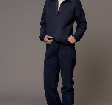 Navy Blue Fold Down Collar Pullover and Joggers Tracksuit