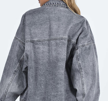 Gray Chest Pockets Drop Shoulder Loose Denim Jacket