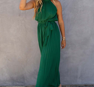 Green Halter Neck Pleated Wide Leg Jumpsuit with Belt