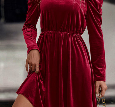 Red Dahlia Velvet Frilled Neck Gigot Sleeve Swing Dress