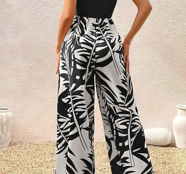 Black Halter Tropical Plant Print Wide Leg Jumpsuit