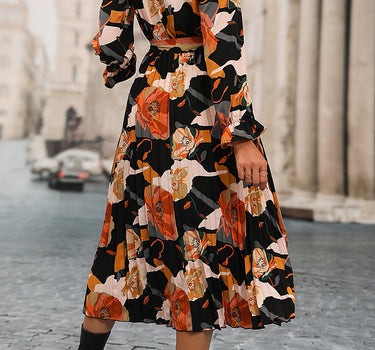 Multicolor Floral Print Waist Tie Pleated Midi Shirt Dress