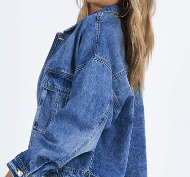 Blue Chest Pockets Drop Shoulder Loose Denim Jacket