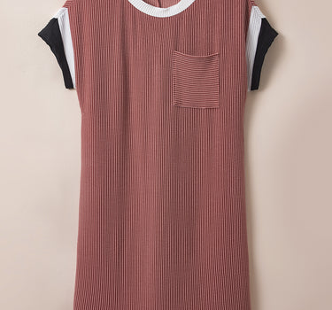 Light French Beige Textured Colorblock Edge Patched Pocket T Shirt Dress