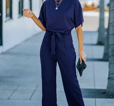 Blue Belted Wide Leg Jumpsuit