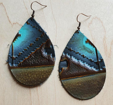 Leather Teardrop Earrings in Blue Navajo