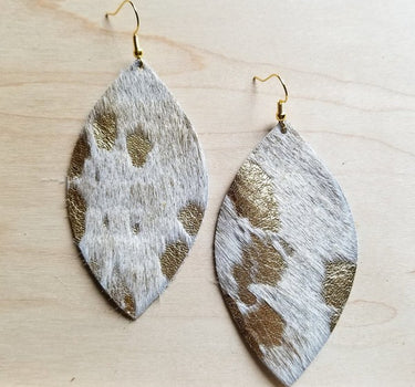 Leather Oval Earrings-Cream and Gold Hair on Hide