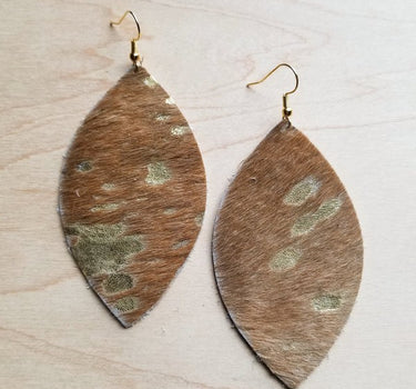 Leather Oval Earring in Tan and Gold Metallic Hair