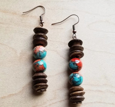 Multi-Colored Turquoise and Wood Earrings