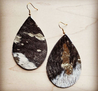 Leather Teardrop Earrings in Mixed Metallic Hair