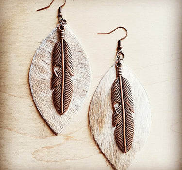 Leather Oval Earrings in Hair with Copper Feather