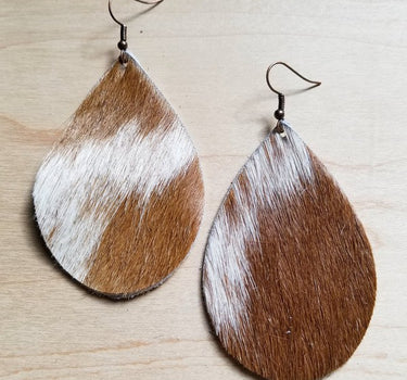 Leather Teardrop Earrings Tan and White Hair