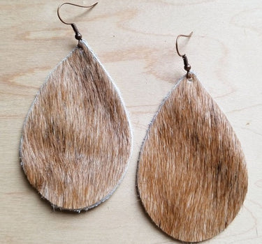 Leather Teardrop Earrings Tan and White Hair