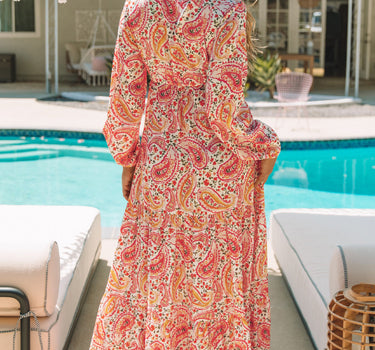 Orange Boho Holiday Paisley Print Tiered Long Sleeve Maxi Dress