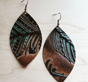 Leather Oval Earrings in Tan/Turquoise Feathers