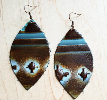 Leather Oval Earrings Blue Navajo