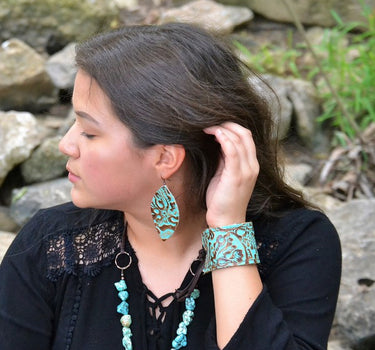 Leather Oval Earrings Cowboy Turquoise