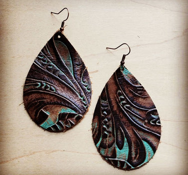 Leather Teardrop Earrings in Turq Brown Floral