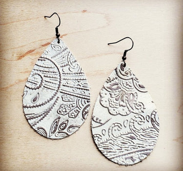 Leather Teardrop Earring in Oyster Paisley