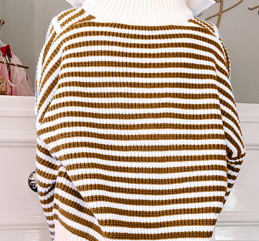 Khaki Stripe Zip up Collar Drop Shoulder Sweater