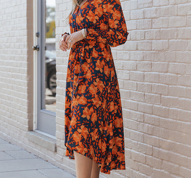 Orange Floral Print Faux Wrap Belted Dress