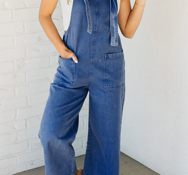 Prussian Blue Mineral Wash Knotted Strap Patched Pocket Wide Leg Denim Overalls