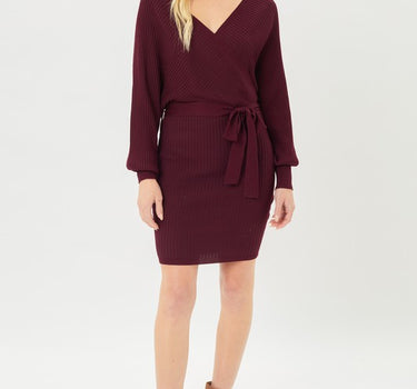 Off Shoulder Wrap Belted Ribbed Knit Dress