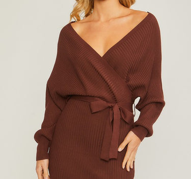 Off Shoulder Wrap Belted Ribbed Knit Dress