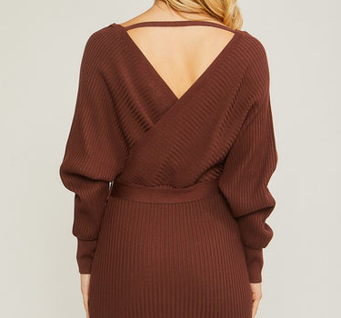 Off Shoulder Wrap Belted Ribbed Knit Dress