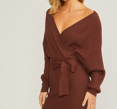 Off Shoulder Wrap Belted Ribbed Knit Dress