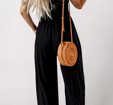 Black Smocked Sleeveless Wide Leg Jumpsuit with Pockets