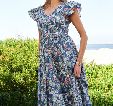 Vintage Garden Floral Flutter Smocking Midi Dress