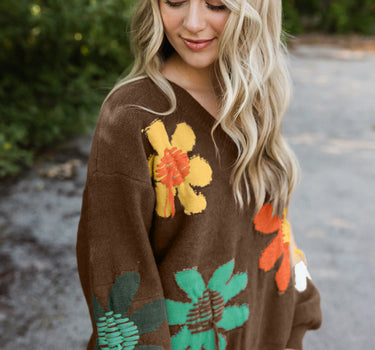 Coffee Big Flower Pattern V Neck Drop Shoulder Sweater