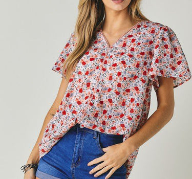 Floral Printed V-Neck Short Sleeve Top