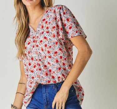 Floral Printed V-Neck Short Sleeve Top