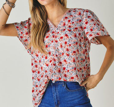 Floral Printed V-Neck Short Sleeve Top