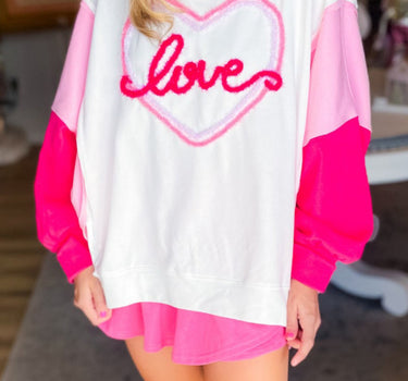 White Tinsel Love Heart Graphic Color Block Sleeve Sweatshirt