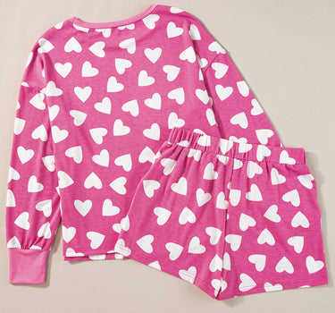 Pink Valentine Heart Shape Print Long Sleeve Top Shorts Lounge Set