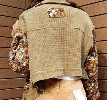 Khaki Waffle Knit Floral Print Patchwork Button up Jacket