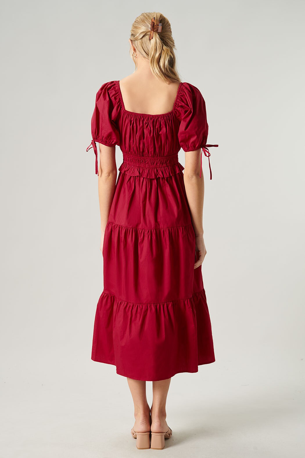 Maribeth Poplin Puff Sleeve Tiered Midi Dress
