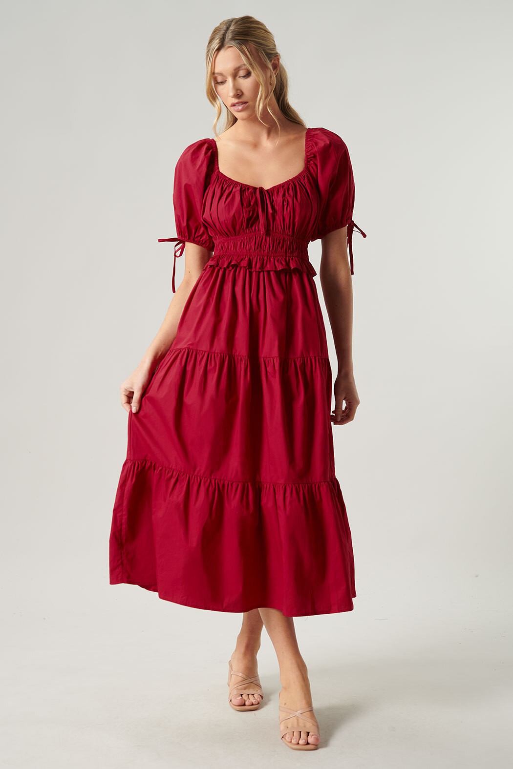 Maribeth Poplin Puff Sleeve Tiered Midi Dress